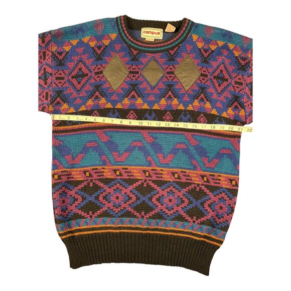 Vintage Campus Men's Diamond Geometric Leather Trim Sweater Size L Retro - Picture 6 of 13